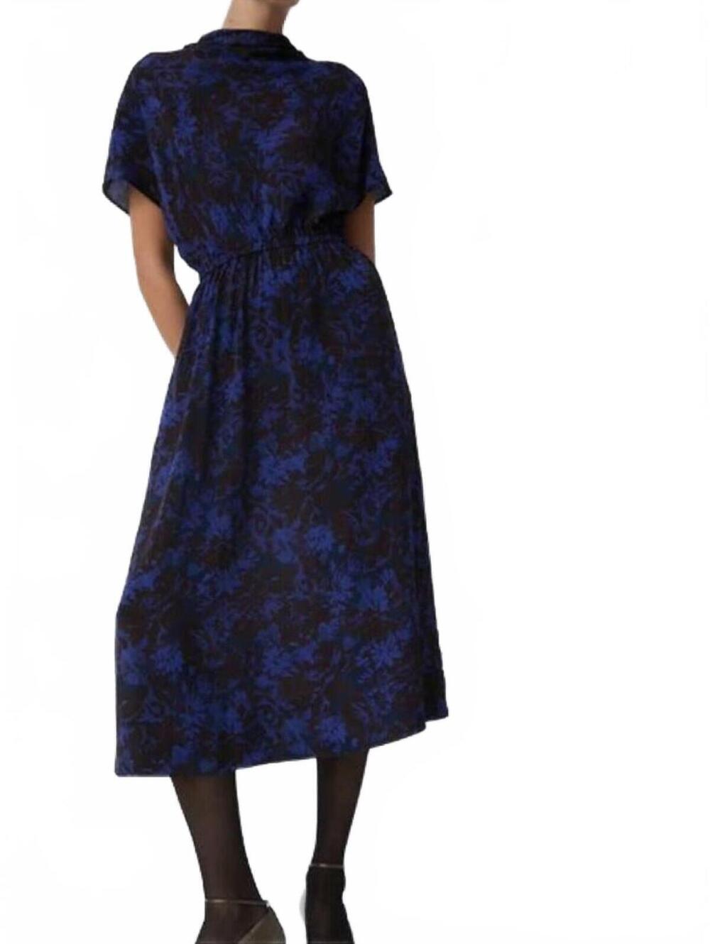 No. 6 Store Willa Silk Blend Dress L Blue Mock Neck Midi Violet Camellia